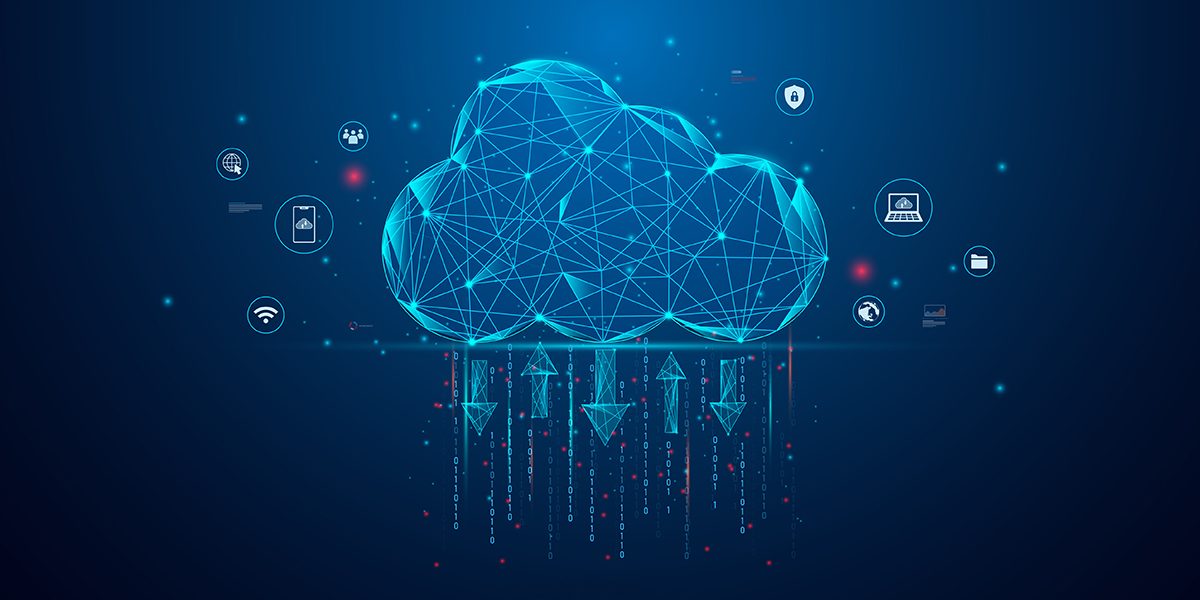 cloud computing icon on low polygonal style for technology cloud computing for data transmission, database, data storage, and backup. Networking and Internet service concept.